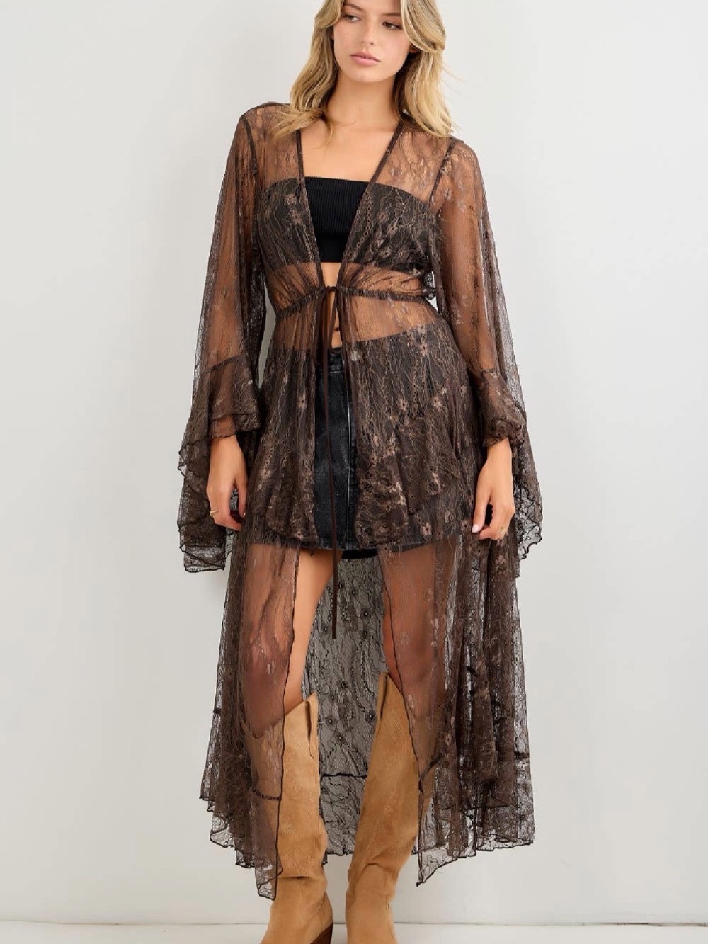 Sheer Floral Lace Tie-Front Duster Robe in Brown